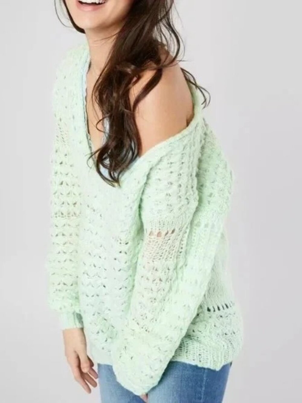 Free People Crashing Waves Pullover Open-Knit Sweater Sea Mint Size XS NWT